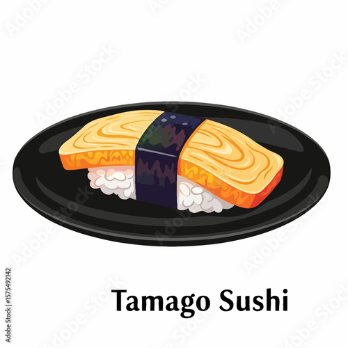 A piece of tamago sushi featuring a sweet Japanese omelet delicately placed over seasoned sushi rice, representing the balance of simplicity and flavor in Japanese cuisine.