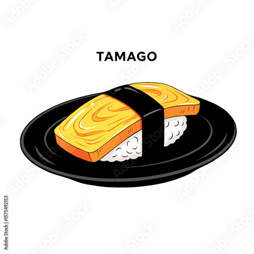 A piece of tamago sushi featuring a sweet Japanese omelet delicately placed over seasoned sushi rice, representing the balance of simplicity and flavor in Japanese cuisine.