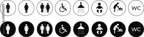 Set of Toilet Silhouette Icon. Mother and Baby Room Icon. WC Sign on Door for Public Toilet.Male Female Disabled and Children Restroom White circle and black circle. Vector Illustration stock.eps