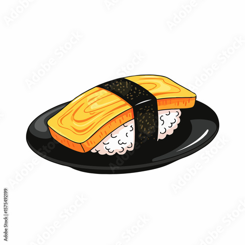 A piece of tamago sushi featuring a sweet Japanese omelet delicately placed over seasoned sushi rice, representing the balance of simplicity and flavor in Japanese cuisine.