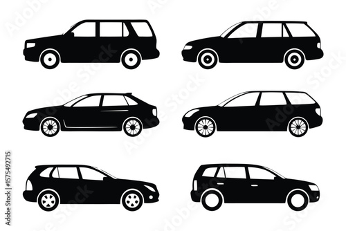 Automobile Silhouettes: A set of detailed black silhouettes of diverse automobiles, perfect for any automotive-themed project, showcasing different car body styles and designs. 