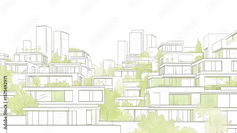 Naklejka premium Architectural sketch of a verdant, layered city.