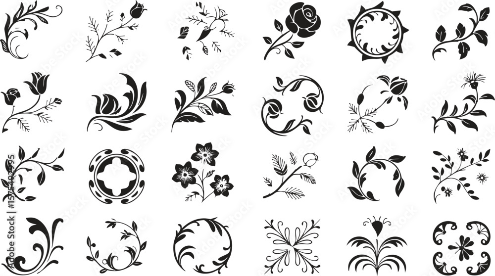 Naklejka premium Elegant Floral Designs Black and White Ornaments, Botanical Illustrations, and Decorative Elements Set