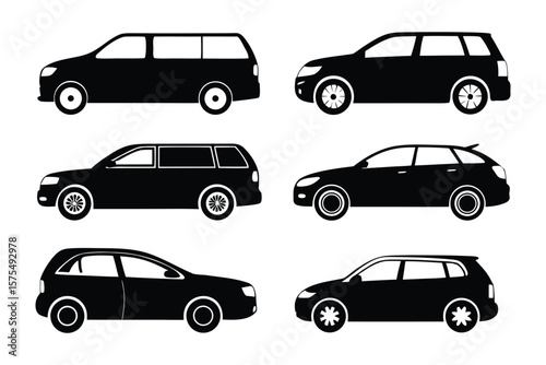 Vehicle silhouettes collection: A compilation of various vehicle silhouettes, perfect for design projects related to automotive, transportation, or travel. Offering a versatile and clean aesthetic.