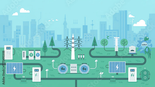 Digital illustration of smart energy grid with renewable power sources, featuring solar panels, wind turbines, electric vehicles, and energy storage systems cityscape setting, emphasizing