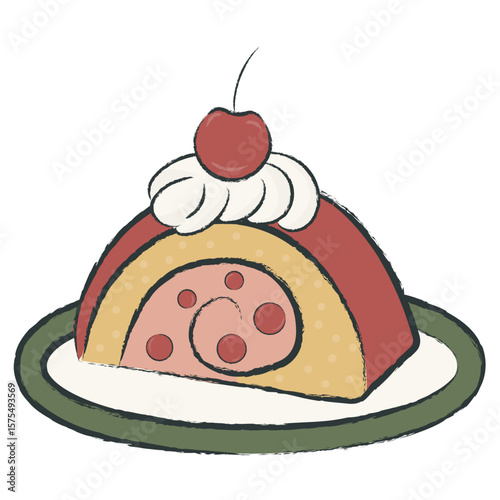 Vector illustration of a rolled Swiss cake with cream and cherry topping, perfect for dessert graphics and bakery designs