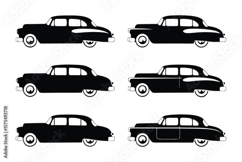 Vintage Car Collection: A collection of elegant vintage cars, each in silhouette, showcasing the timeless charm of classic automobile design.