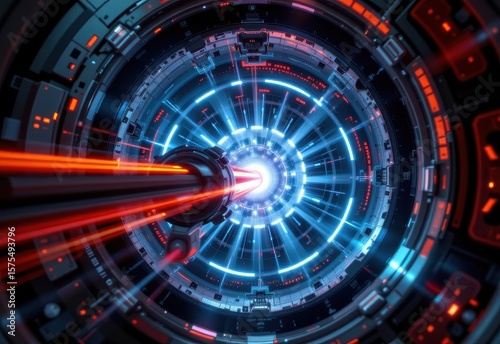Wallpaper Mural heavy ion beam in motion inside accelerator ring, subtle energy glow effect, realistic chamber design, cold textures, sharp industrial contrast, cinematic visual clarity, high resolution tech scene Torontodigital.ca
