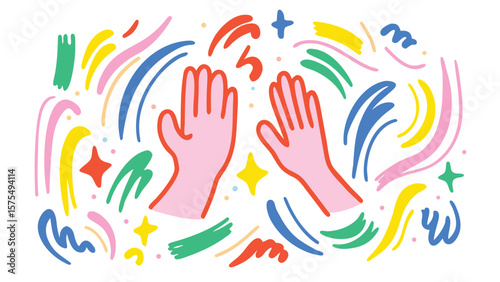 Two hands with colorful abstract shapes and stars surrounding them in a playful design style