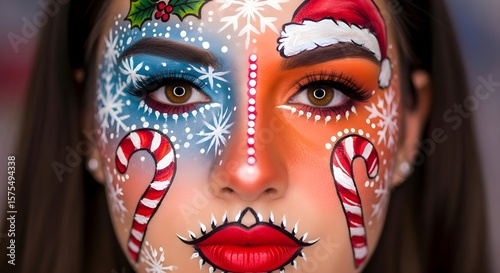Woman face with festive Christmas themed makeup. Creative holiday face paint for December event. Winter Wonderland and Santa Hat design.