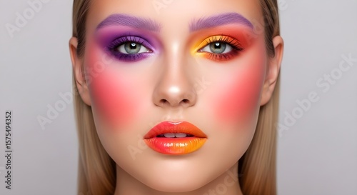 Close up of a woman with vibrant multi color eye makeup and glossy Ombre lips, conceptual art for beauty product.