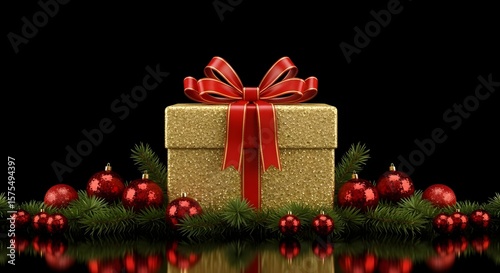 Glittering gold gift box with red bow and christmas ornaments on pine branches. Holiday season greeting card background.