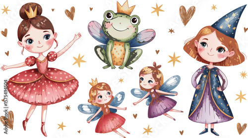 Watercolor Illustration of Ballerina, Fairies, Frog Prince, and Wizard Girl with Hearts and Stars