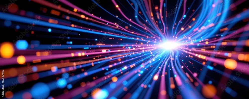 Obraz premium optical fiber cables glowing with high speed data beams, cross section view, vibrant color trails, digital particles flowing, hyperrealistic tech render, cinematic dark lighting, blue tones