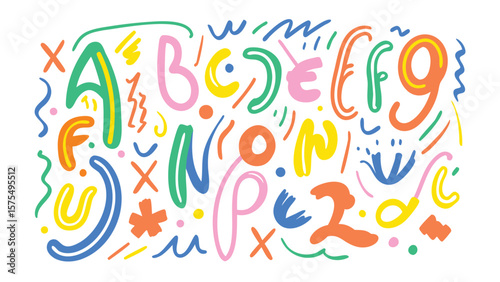 Illustration of a colorful alphabet with doodle elements on a white background in a playful style