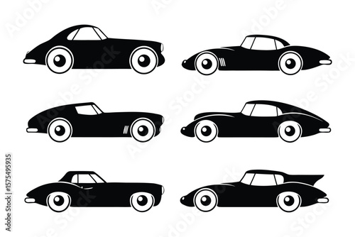 Silhouette of Stylish Rides: A curated array of sleek, vintage automobiles in a sophisticated monochromatic depiction, embodying the spirit of automotive design and timeless elegance.