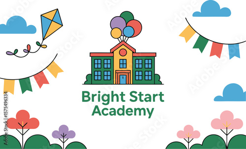 Bright Start Academy Cartoon with Balloons, Kite, Bunting, Clouds, and Flower Trees