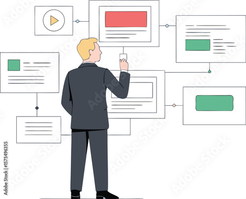 Businessman Analyzing Data Flowchart with Modern Web Interface Design Elements, Illustration
