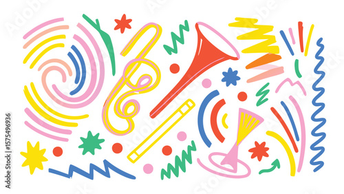 Celebratory illustration featuring confetti, party horns, and festive shapes in vibrant colors on white background