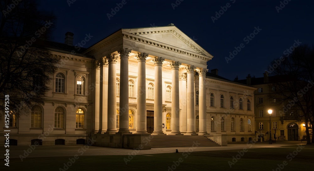 Fototapeta premium Majestic Neoclassical Building Illuminated at Night Architectural Grandeur and Design