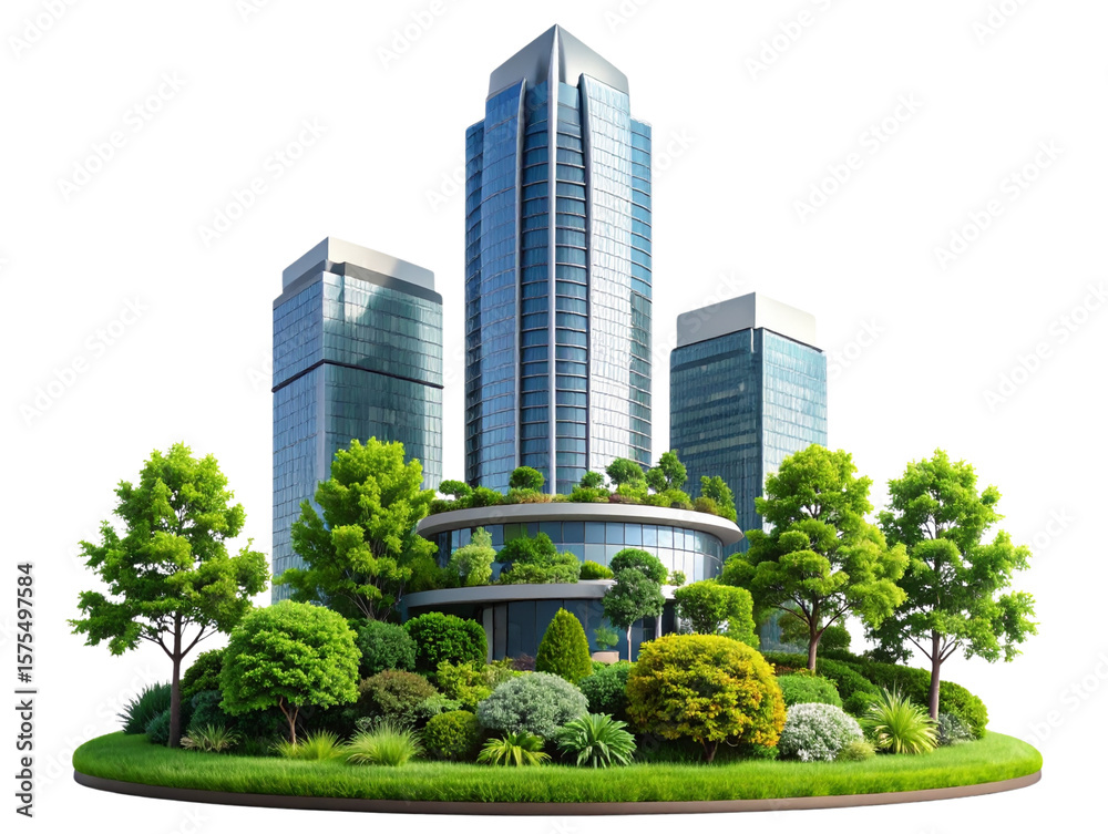 Fototapeta premium High-rise building, transparent PNG background with green grass and trees, architectural design 