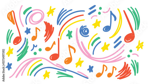 Colorful music notes and star shapes scattered across a white background in a playful composition