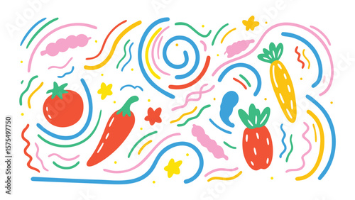 Colorful doodle illustration with tomato, chili pepper, carrot, radish and abstract shapes around them