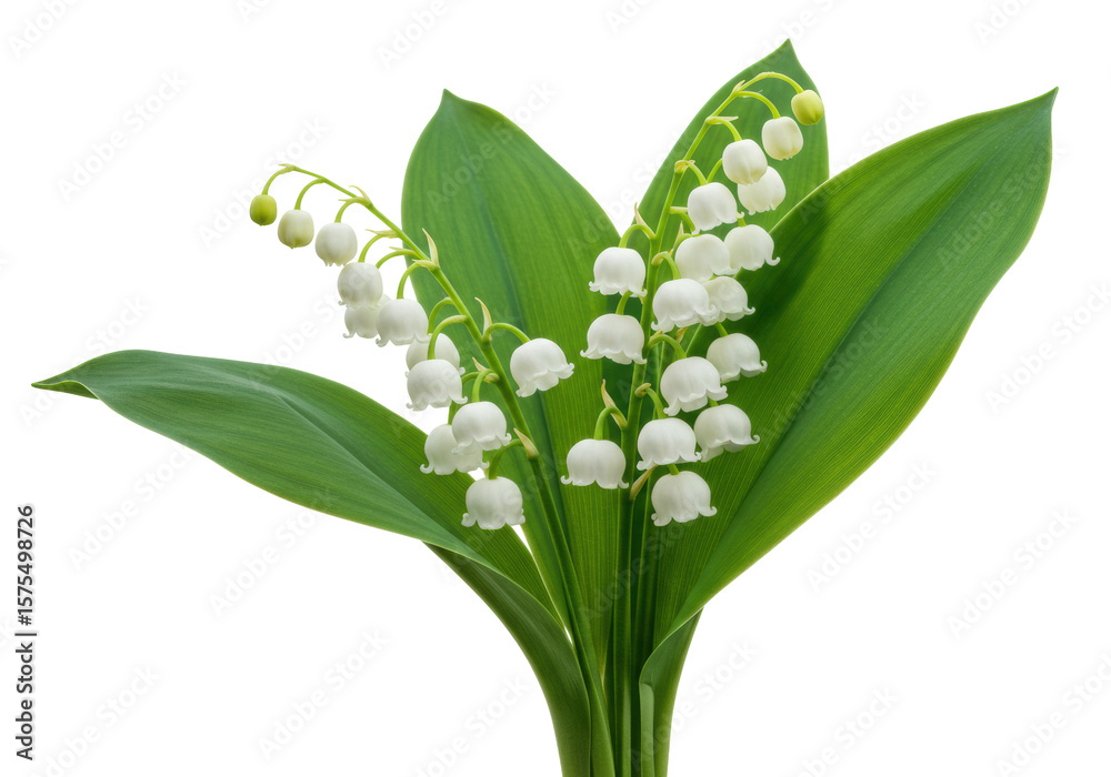Obraz premium transparent bell-shaped lily of the valley flowers with vibrant green leaves and slender stems, on a clean transparent studio background with copy space, ultra-realistic, sharp focus, pure