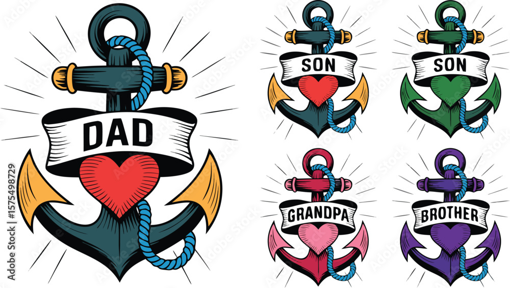 Fototapeta premium Nautical Anchor Tattoos Featuring Dad, Son, Grandpa, and Brother with Hearts and Banners on White