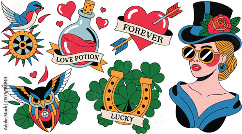 Quirky Tattoo Design Love Potion, Lucky Horseshoe, Retro Lady, and Flying Creatures Art