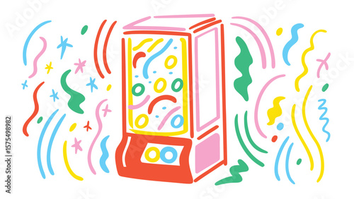 Illustration of a colorful gumball machine surrounded by confetti and celebratory decorations design style