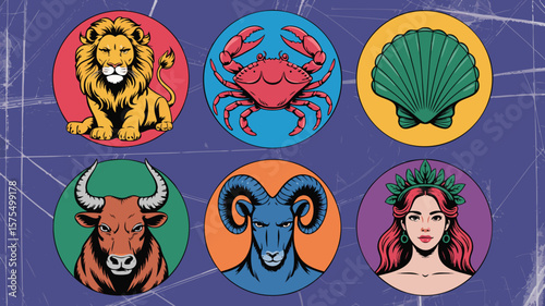 Six Colorful Circle Zodiac Representations Leo, Cancer, Gemini, Taurus, Aries, and Virgo