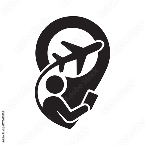 A black and white graphic of a person holding a tablet with an airplane inside a map marker icon