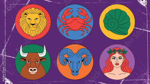 Six Stylized Zodiac Sign Illustrations Leo, Cancer, Virgo, Taurus, Aries, and Gemini Symbols