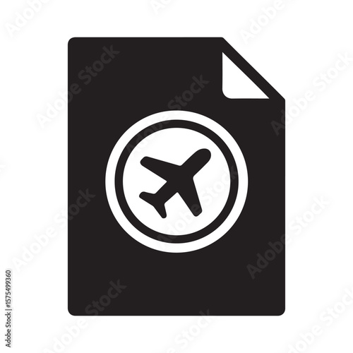 A black document with a curled corner and a white airplane icon inside of a white circle on it