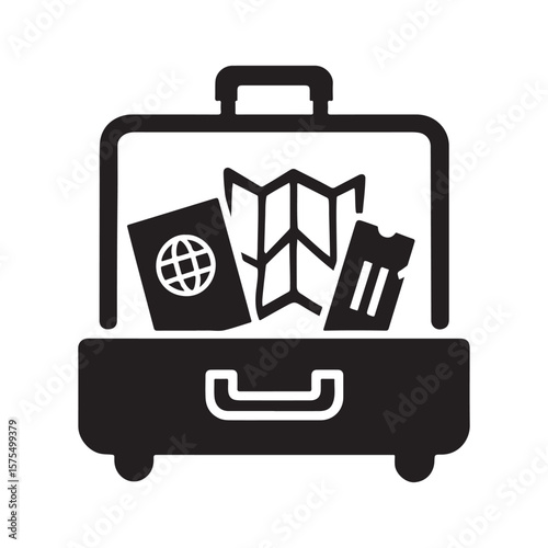 Black and white graphic of a suitcase packed with a passport map and ticket for travel plans