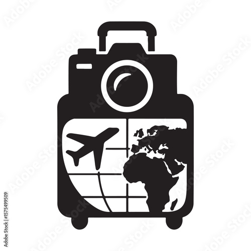 Black suitcase with camera airplane and world map representing travel and photography adventure concept