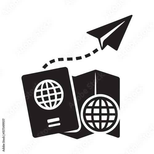 Black and white graphic of a passport, map, and paper airplane with a dotted line trail above it