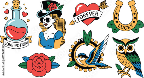Traditional Tattoo Flash Sheet Love Potion, Lady, Heart, Horseshoe, Rose, Swallow, Owl Art