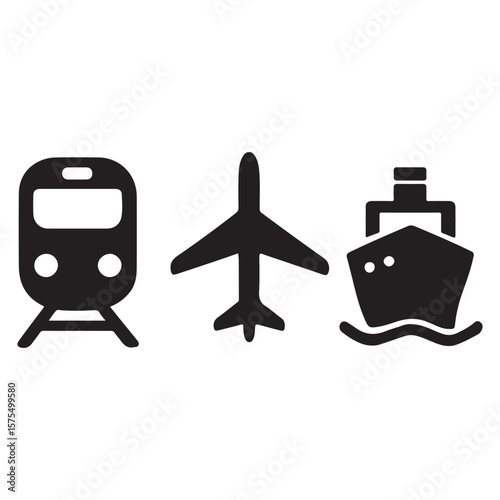 A simple black and white illustration of a train airplane and ship transportation icons isolated