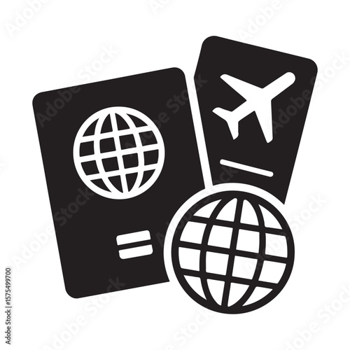 Black and white graphic of passport airplane ticket and globe representing international travel plans