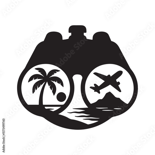 Black silhouette of binoculars with travel scenes inside the lenses on a white background
