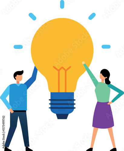 Coworkers Holding Giant Lightbulb on White Background