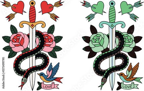 Two Tattoo Designs Featuring Snakes, Roses, Daggers, Pierced Hearts, and Birds Holding Banners