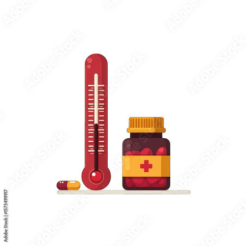 Red thermometer, pill bottle, and pills