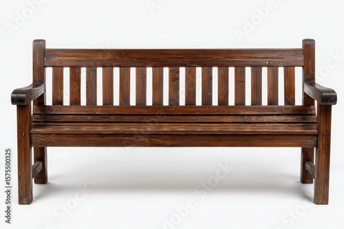 Wallpaper Mural Rustic dark brown wooden park bench with slatted seat and backrest on a clean white background Torontodigital.ca