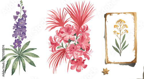 Watercolor Floral Illustration Lavender Delphinium, Pink Azaleas with Palms, and Yellow Flowers Art