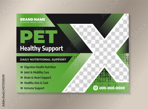 pet healthy support horizontal banner design template. green and black background with cross x shape for photo space. dot circle halftone pattern.