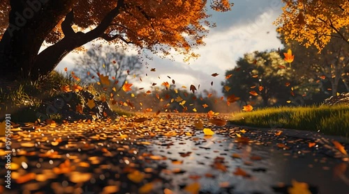 A beautiful autumn day with colorful leaves swirling in the wind, showcasing the vibrant hues of fall in a serene setting. Beautiful autumn season.