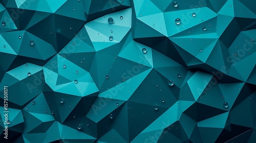 Teal Abstract Geometric Background with Low Poly 3D Triangles and Water Droplets